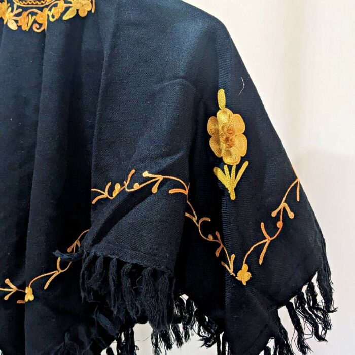 Black Kashmiri Kids Poncho With Aari Embroidery - Image 3