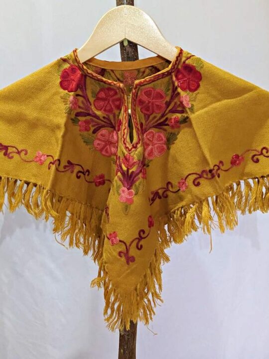 Mustard Gulab Kids Kashmiri Poncho With Aari Embroidery