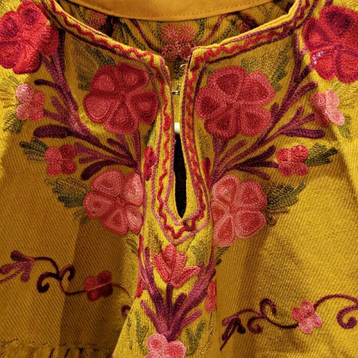 Mustard Gulab Kids Kashmiri Poncho With Aari Embroidery - Image 2