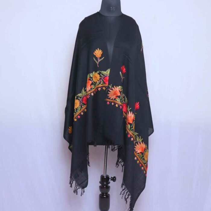 Black Wool Kashmiri Hand Ari Stole with Green Leaves