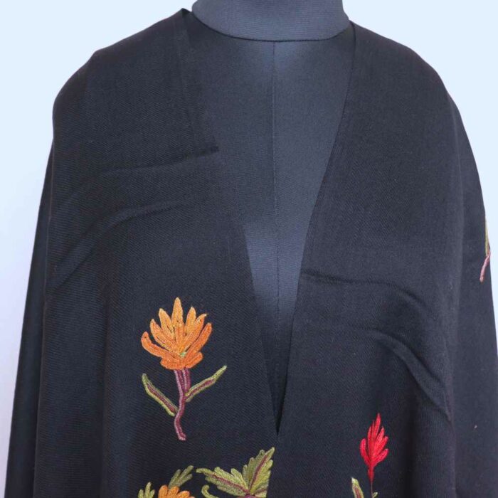 Black Wool Kashmiri Hand Ari Stole with Green Leaves - Image 2