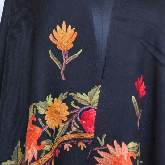 Black Wool Kashmiri Hand Ari Stole with Green Leaves - Image 3