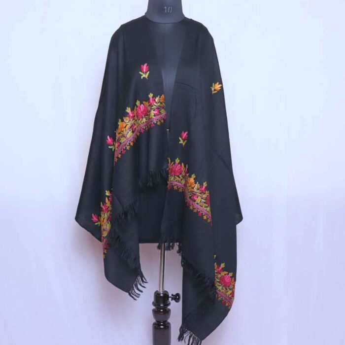 Black Wool Pink Leaf Stole with Hand Ari Work