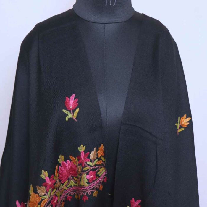 Black Wool Pink Leaf Stole with Hand Ari Work - Image 2