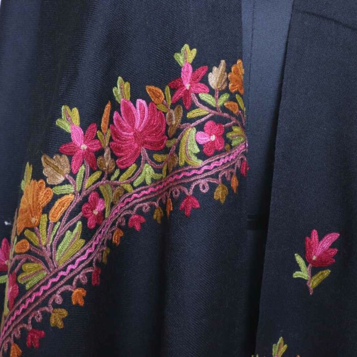 Black Wool Pink Leaf Stole with Hand Ari Work - Image 3