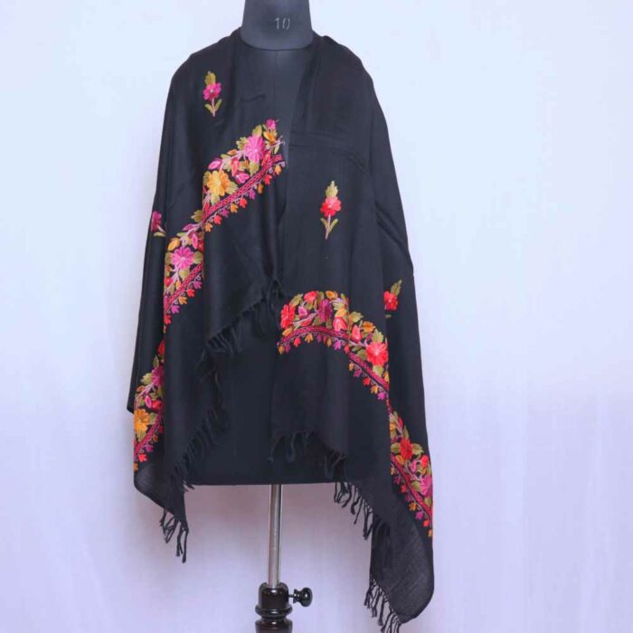 Black Wool Kashmiri Stole Hand Ari Work Pink Flower