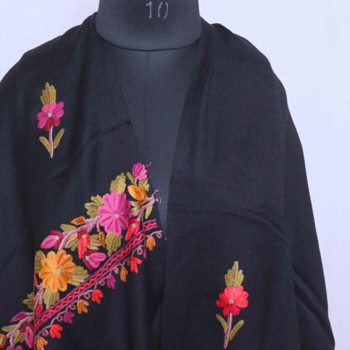 Black Wool Kashmiri Stole Hand Ari Work Pink Flower - Image 7