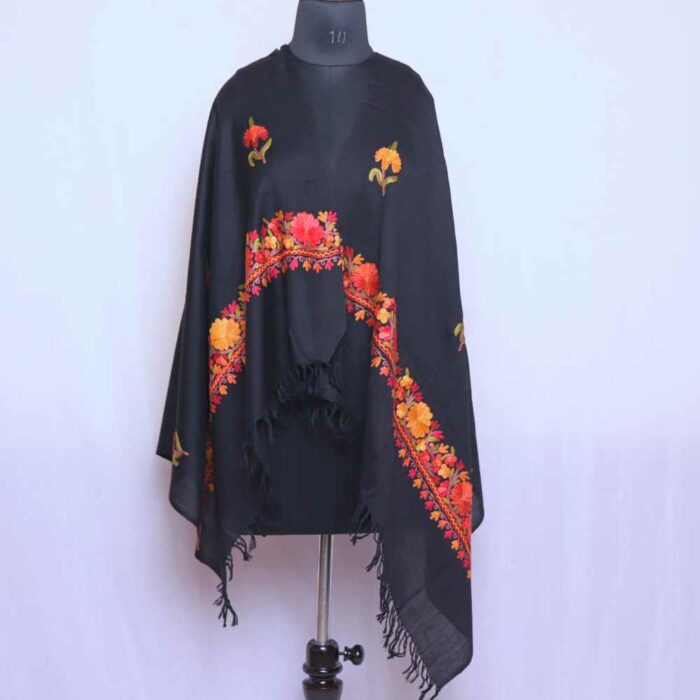 Black Wool Kashmiri Hand Ari Stole Multi Flower