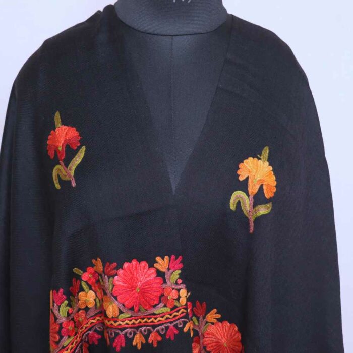 Black Wool Kashmiri Hand Ari Stole Multi Flower - Image 2