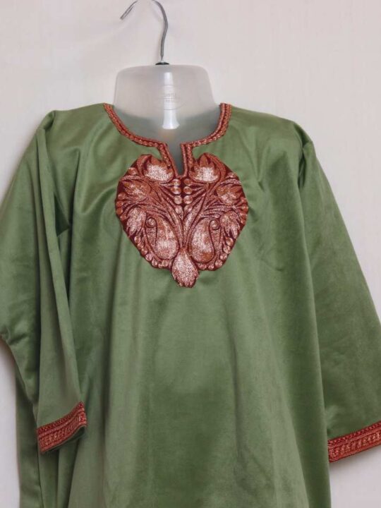 Green Velvet Kids Traditional Kashmiri  Pheran Set (5-6 Years)