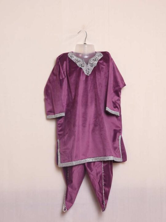 Purple Velvet Kids Girls Traditional Kashmiri Pheran Set (5-6 Years)