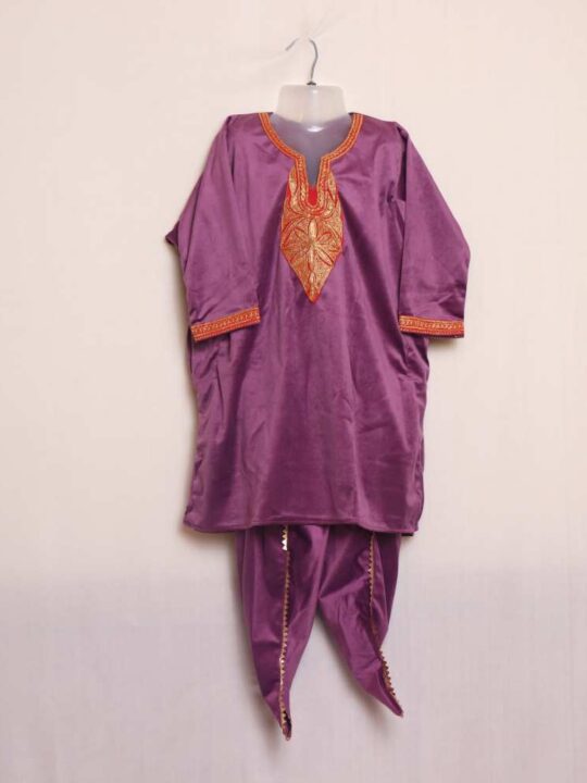 Light Purple Velvet Kids Traditional Kashmiri Pheran Set (6/7 Years)
