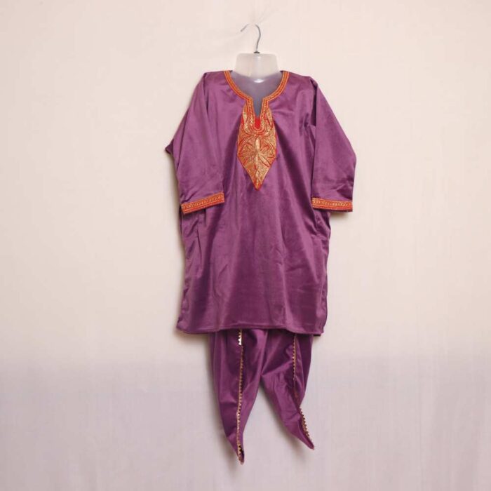 Purple G Velvet Kids Traditional Kashmiri Pheran Set (6/7 Y)