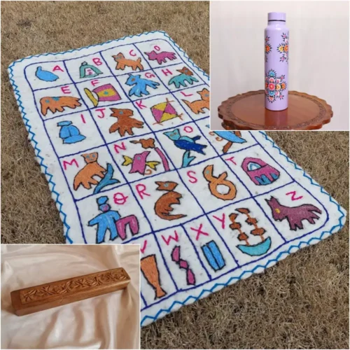 Kids Gift Set | ABC Namda, Walnut Wood Handmade Pencil Box, Bottle