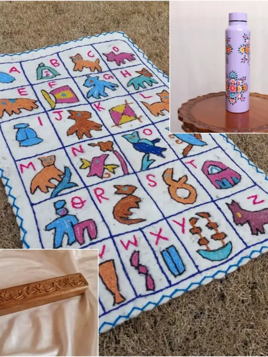 Kids Gift Set | ABC Namda, Walnut Wood Handmade Pencil Box, Bottle