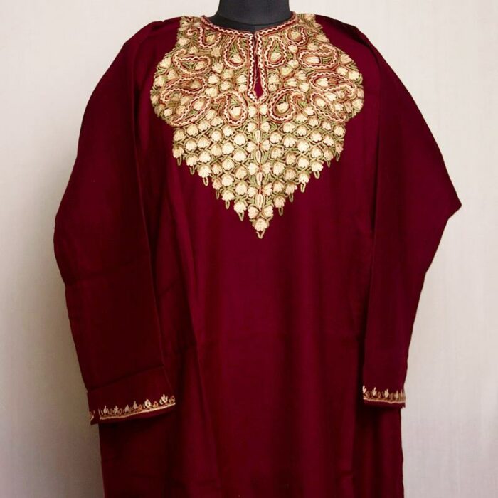 Maroon Qamash Raffal Hand Aari Pheran