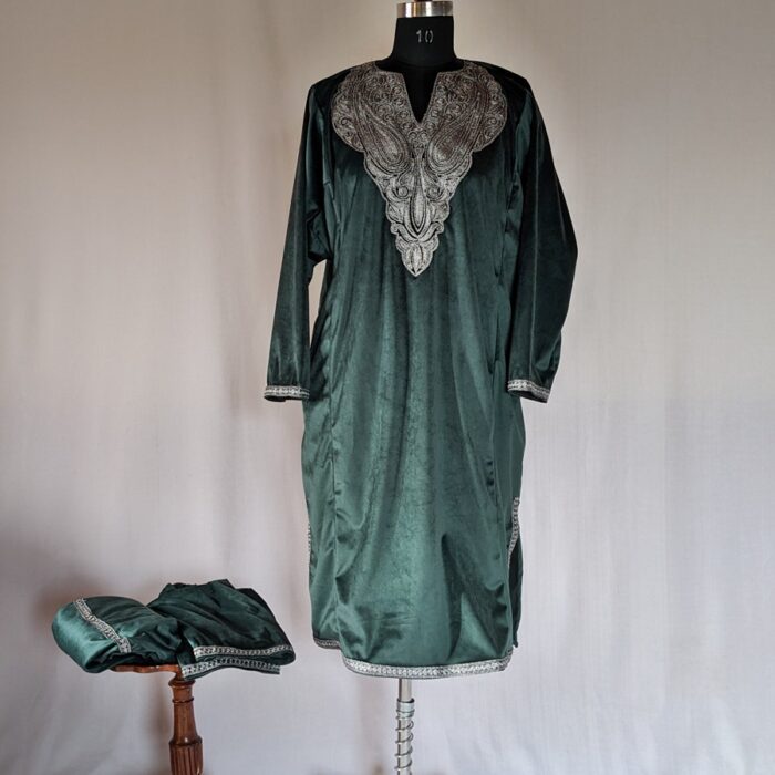 Dark Green Velvet Silver Tilla Pheran with Pant