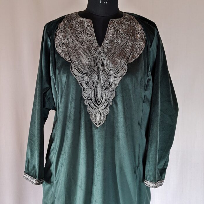 Dark Green Velvet Silver Tilla Pheran with Pant - Image 4