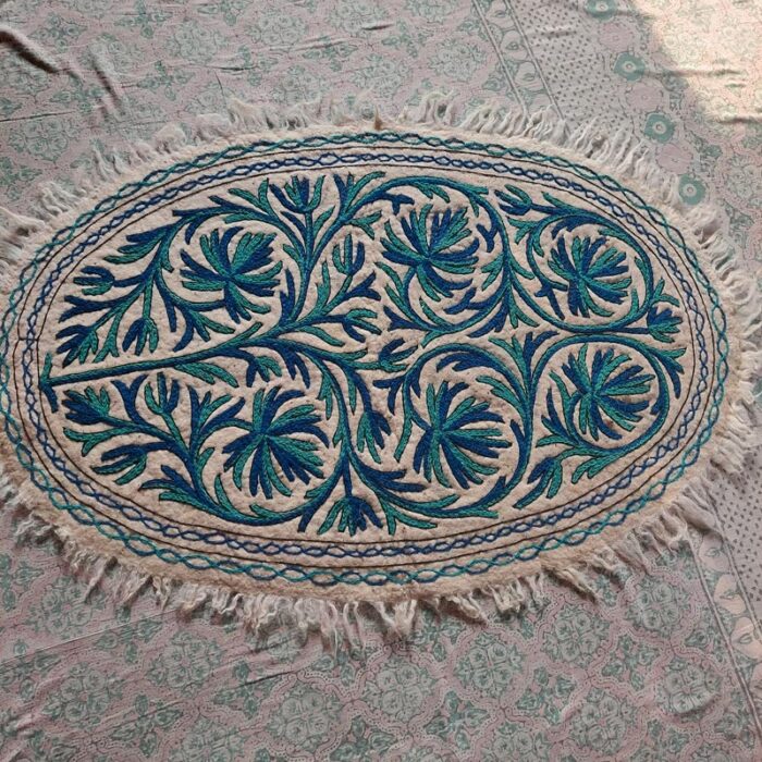Blue Oval Handmade Aari Embroidered Wool Namda 5x3