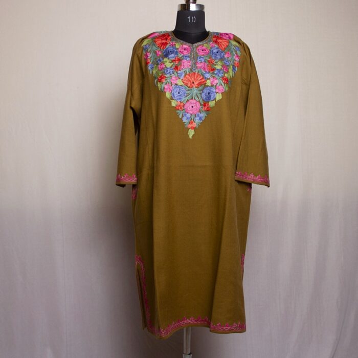 Brown Floral Cashmilon Aari Pheran - Image 2