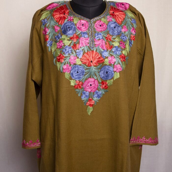 Brown Floral Cashmilon Aari Pheran