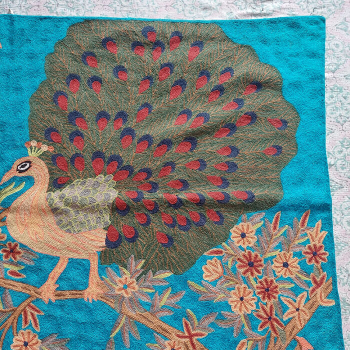 5x3 Wool Hand Embroidered Peacock Wall-Hanging - Image 4