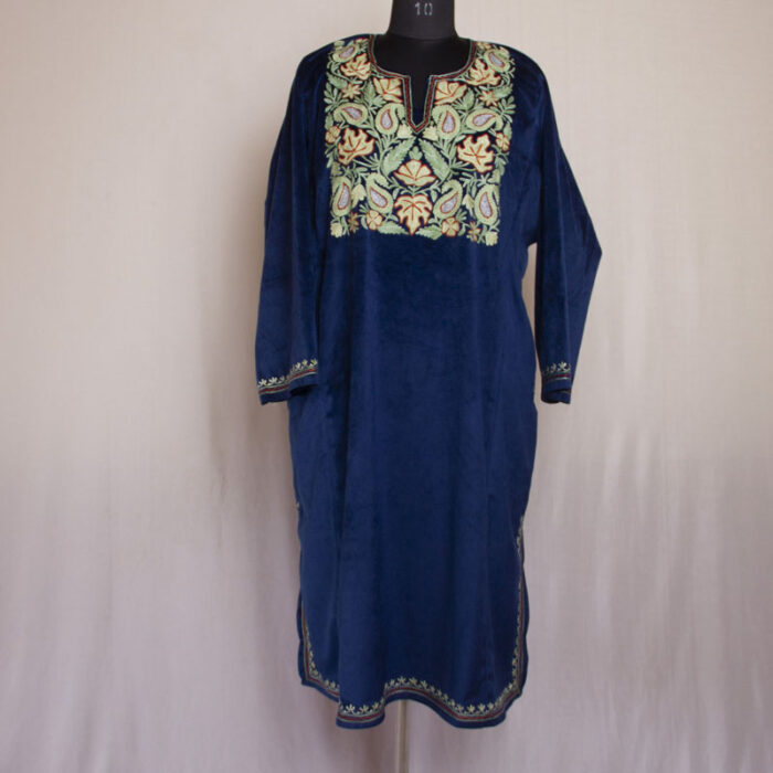 Navy Blue Velvet Chinari Aari Pheran - Image 2