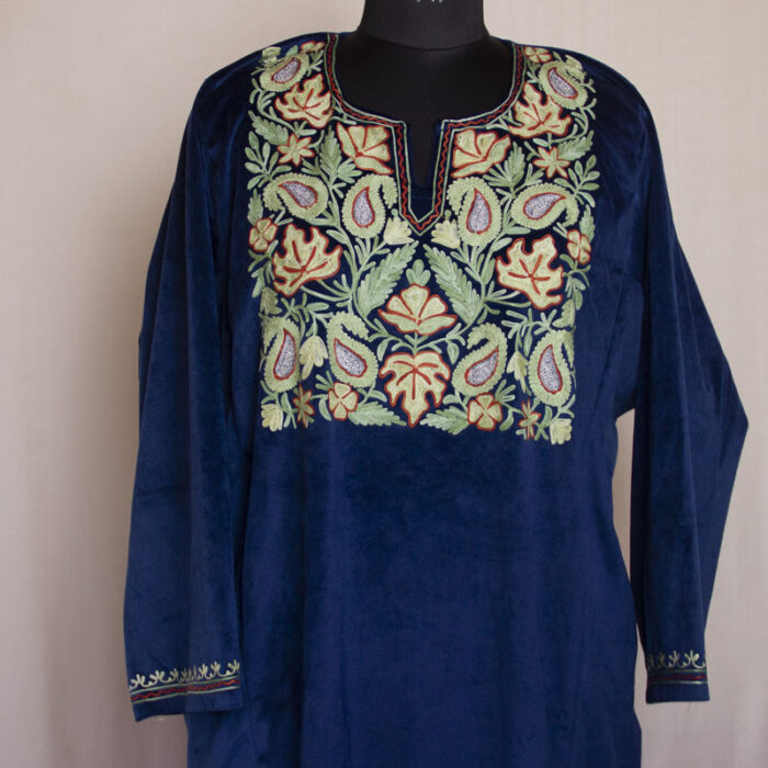 Navy Blue Velvet Chinari Aari Pheran