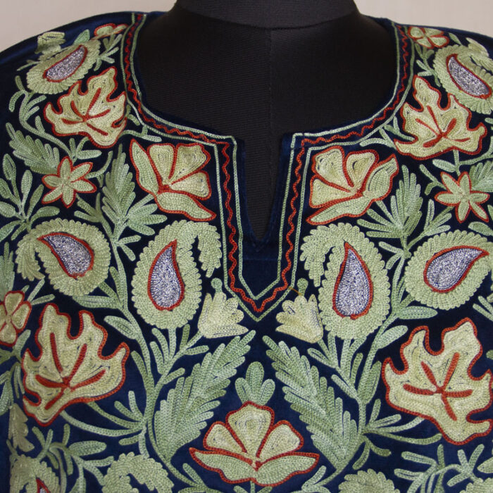 Navy Blue Velvet Chinari Aari Pheran - Image 3