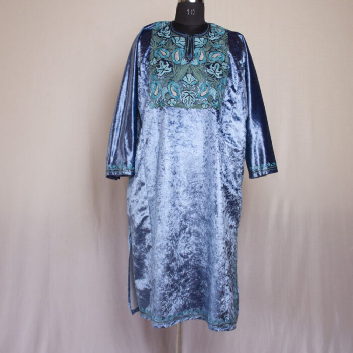 Teal Blue Velvet Chinari Aari Pheran - Image 2