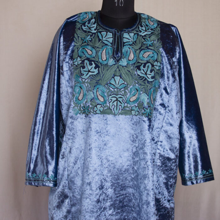 Teal Blue Velvet Chinari Aari Pheran
