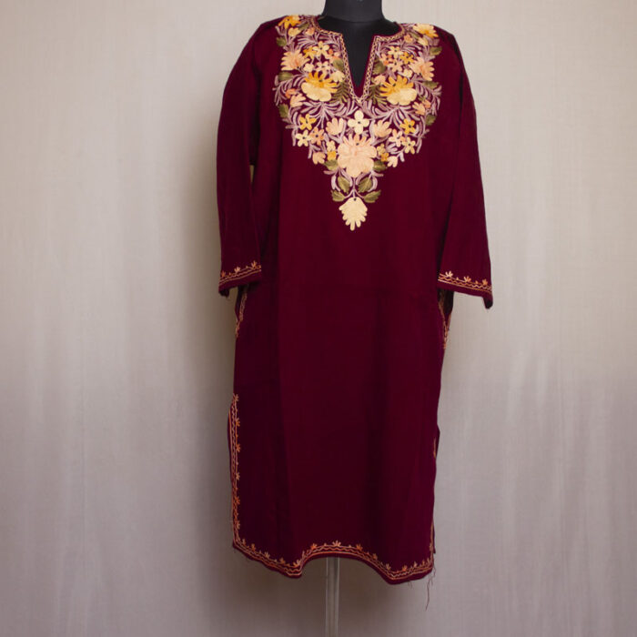 Maroon Gurezi Cashmilon Aari Pheran - Image 2