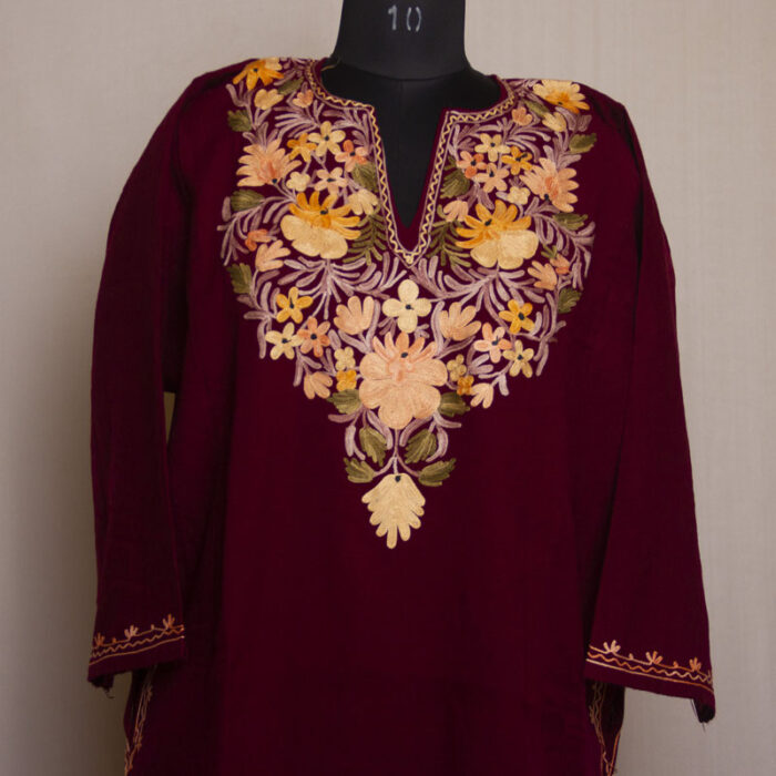Maroon Gurezi Cashmilon Aari Pheran