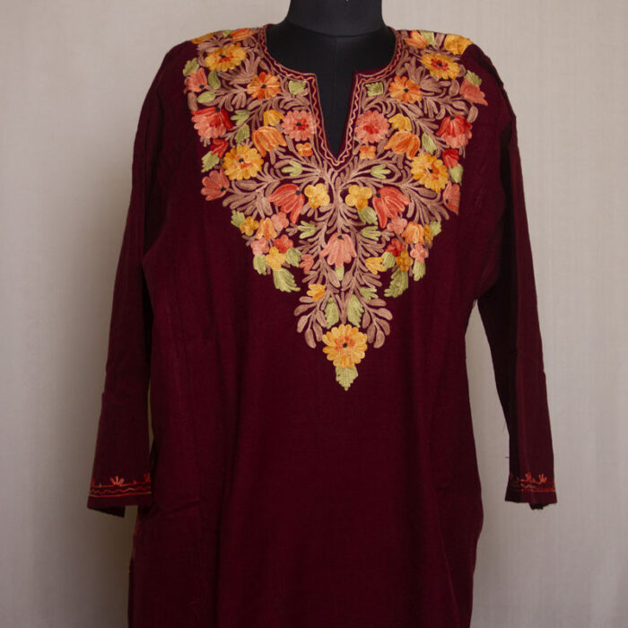Maroon Nazneen Cashmilon Aari Pheran