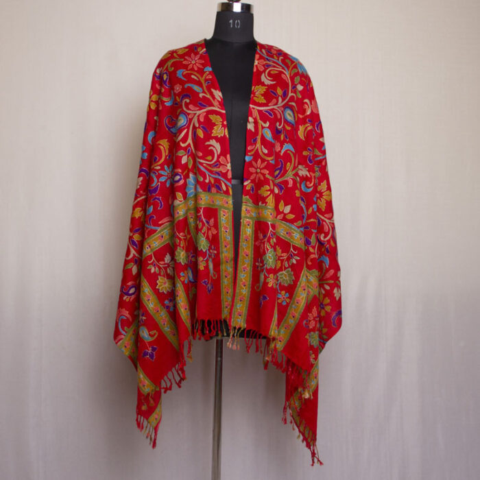 Red Printed Kalamkari Polywool Stole With Hand Needle Outline Embroidery - Image 3