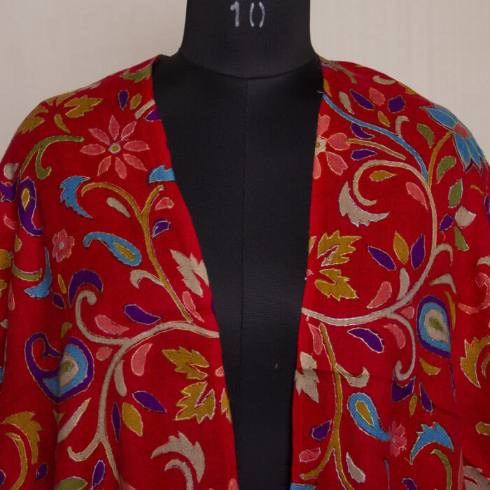 Red Printed Kalamkari Polywool Stole With Hand Needle Outline Embroidery - Image 2