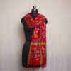 Red Printed Kalamkari Polywool Stole With Hand Needle Outline Embroidery