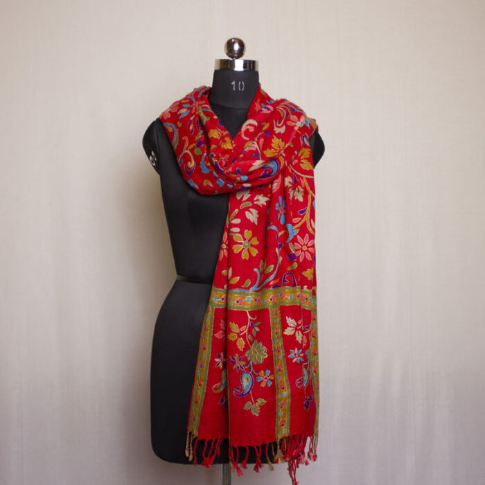 Red Printed Kalamkari Polywool Stole With Hand Needle Outline Embroidery