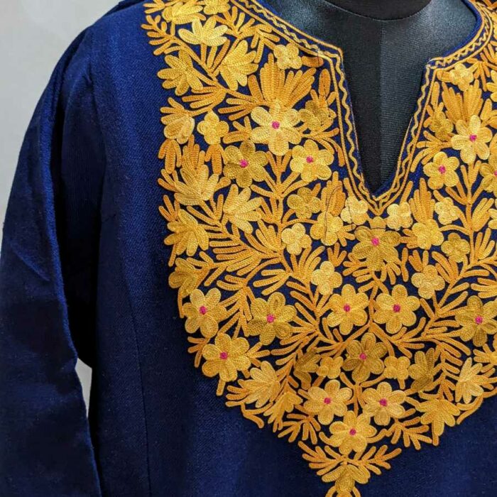 Navy Blue Flower Cashmilon Ari Pheran - Image 3