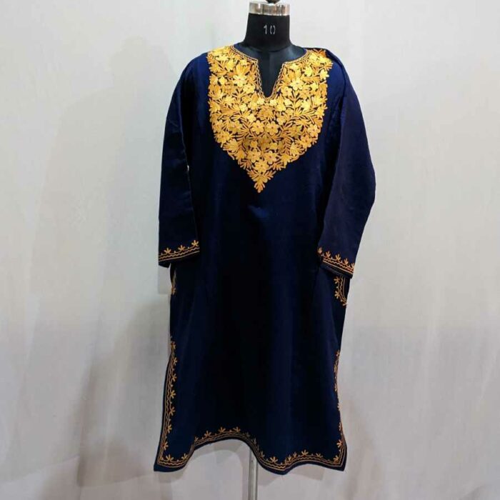 Navy Blue Flower Cashmilon Ari Pheran - Image 2