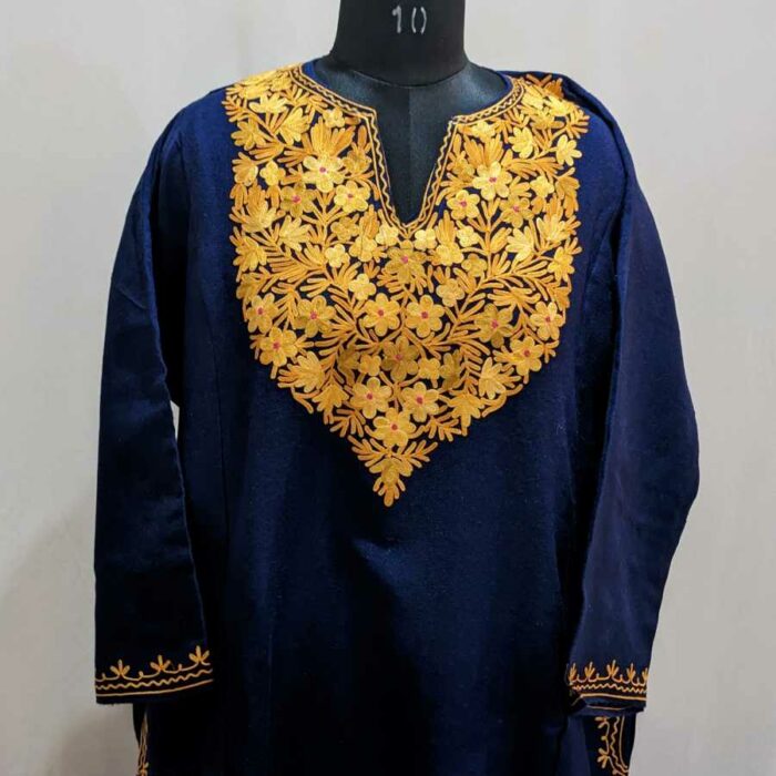 Navy Blue Flower Cashmilon Ari Pheran
