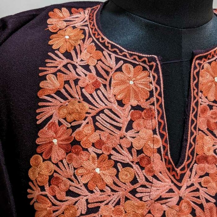 Wine Orange Flowers Cashmilon Ari Pheran - Image 3