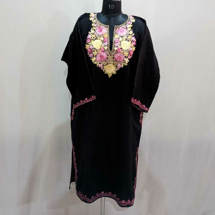 Black Cashmilon with Yellow Pink Ari Pheran - Image 2