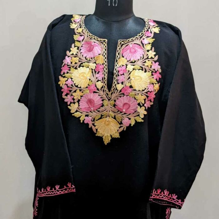 Black Cashmilon with Yellow Pink Ari Pheran