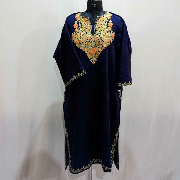 Navy Blue Cashmilon Pheran with orangish Ari - Image 2