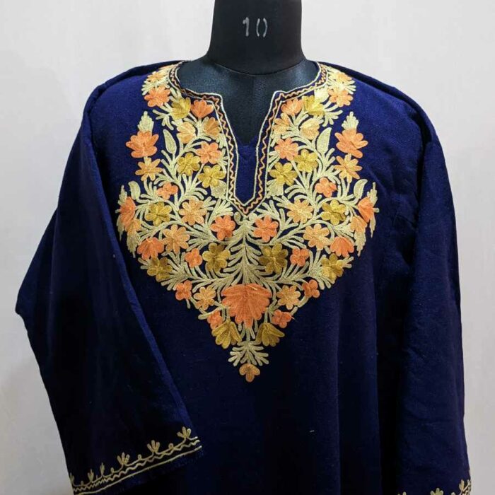 Navy Blue Cashmilon Pheran with orangish Ari