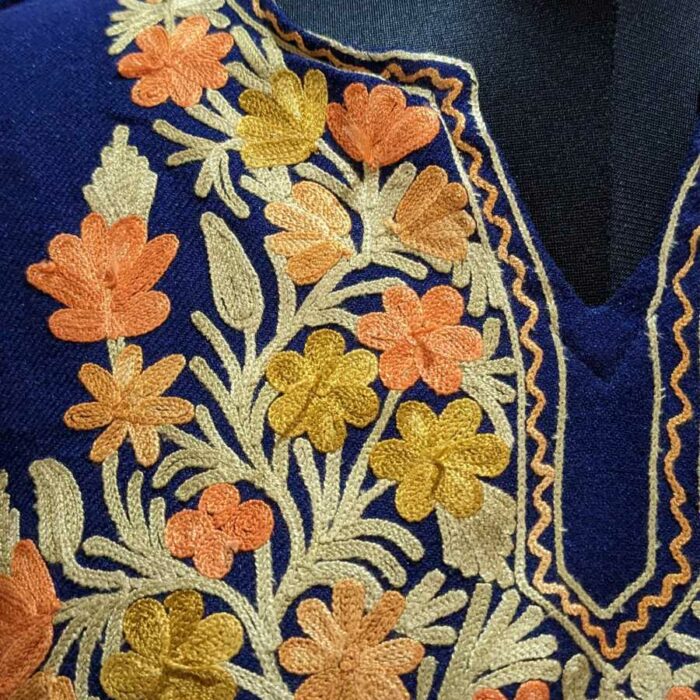 Navy Blue Cashmilon Pheran with orangish Ari - Image 3