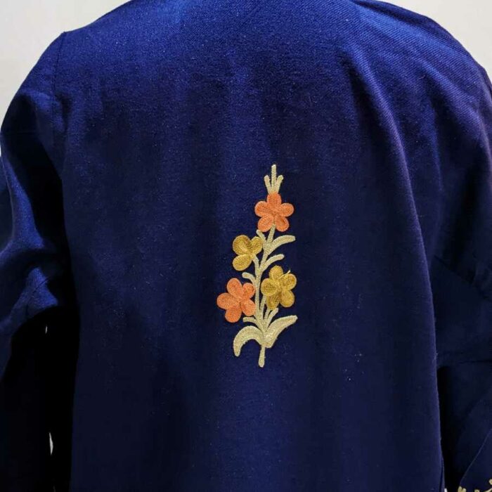 Navy Blue Cashmilon Pheran with orangish Ari - Image 4