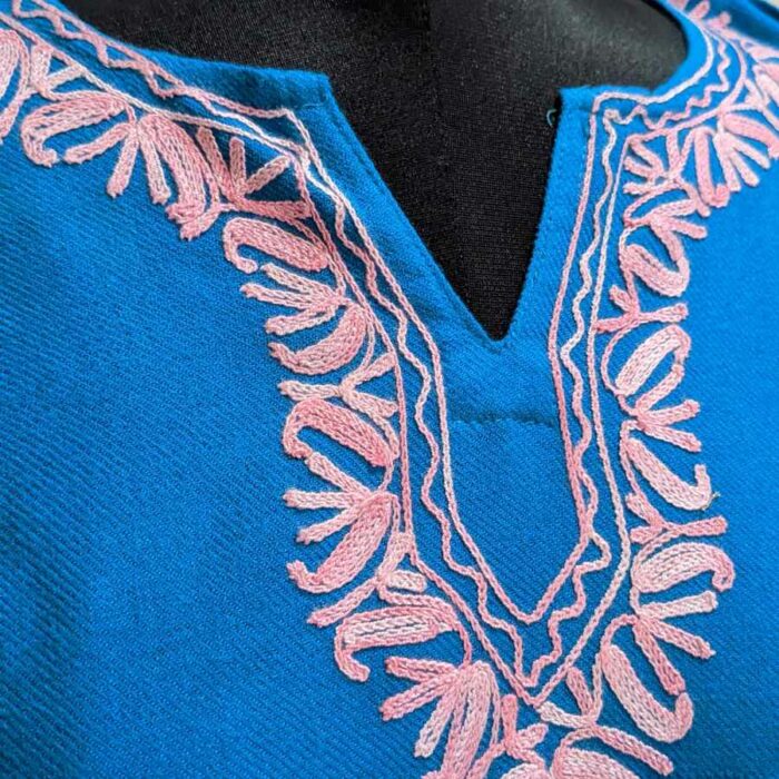 Blue Cashmilon Sidepanel Pheran with Light Pink Aari - Image 2