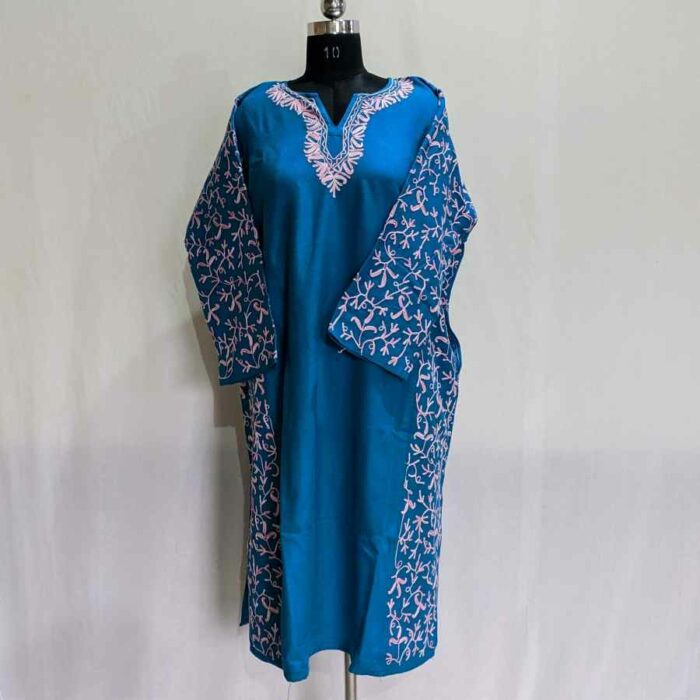 Blue Cashmilon Sidepanel Pheran with Light Pink Aari - Image 3